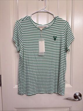 NWT BRIT. NY Striped Green Crewneck Tee with 'Love' 4 leaf clover Embroidery‎